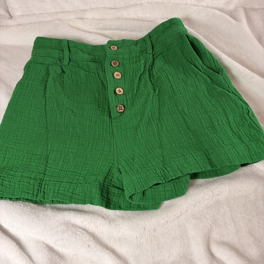 Love Riche Kelly Green Cotton Gauze High‎ Rise Button Fly Shorts Med Coastal EUC